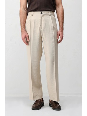 Antioch Bej Pileli Relaxed Fit Erkek Pantolon