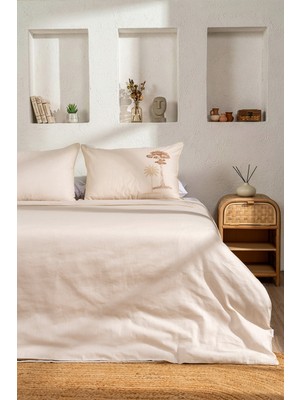 Koza Home Palm Bej Çift Kişilk Nakışlı Keten Nevresim Takımı 2503