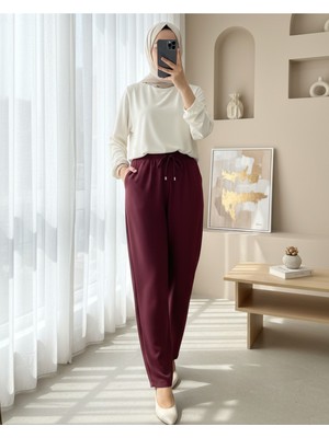 Modamorfo Çift Cepli Beli Lastikli Bağcık Detaylı Pantolon  -Bordo