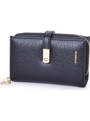 Nas Bag Kadın Orta Boy Kartlık Kağıt Para ve Bozuk Para Tasarımına Sahip Siyah Victoria [16X9 Cm]