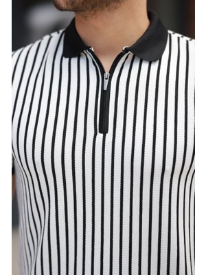 Meğdaix Erkek Çizgili Fermuar Yakalı Kısa Kollu Tişört