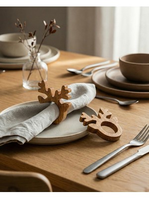 Bevorev 6'lı Peçete Halkası Sunum Yüzüğü Geyik Açık Meşe