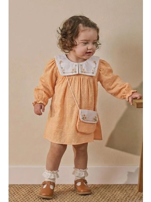 Kız Bebek Nakışlı Bebe Yaka Müslin %100 Pamuk Çantalı Elbise