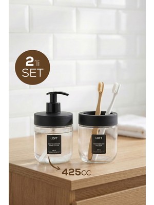 Vienev 2'li Cam Banyo Seti Siyah | 425 cc Sıvı Sabunluk ve Diş Fırçalık - Dekoratif Banyo Aksesuarı