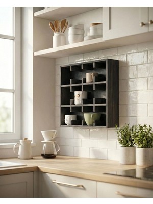 Bevorev Dekoratif Ahşap Kupa Bardak Rafı, 12 Bölmeli Raf, Mutfak Rafı