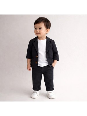 Çelix Kids Celix Boy Çizgili Cepli Pamuk Keten Ceketli 3 Lü Erkek Bebek Takım