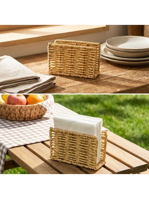 Hobilinka  Dekoratif Plastik Rattan Dikdörtgen Peçetelik–doğal Hasır Dokulu Masaüstü Peçete Standı