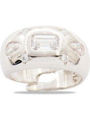 Tesbihane Su Damlası - Yıldız Süslemeli Silver Renk Free Size 925 Ayar Gümüş Kadın Yüzük