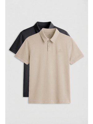 Tommy Life Standart Fit Basic Polo Yaka 2li Paket Antrasit-Bej Erkek T-Shirt - 87748