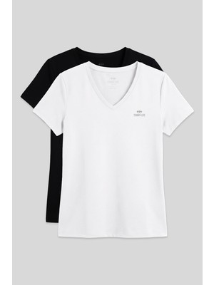 Standart Kalıp Basic V Yaka 2li Paket Siyah-Beyaz Kadın T-Shirt - 97145