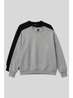 Tommy Life Basic Oversıze O Yaka 2li Paket Siyah-Gri Melanj Kadın Sweatshirt - 97053