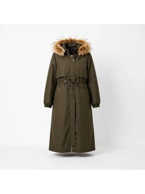 Vibeys Collection Içi Kürklü Haki Su Geçirmez Kışlık Mont & Kaban Uzun Kol Kadınlar İçin Polyester Düz Desenli