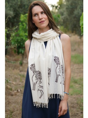 Defne Apollon İpekçilik %100 Barış Ipeği El Dokuması Şal - Ahşap Baskı Geyik Desen