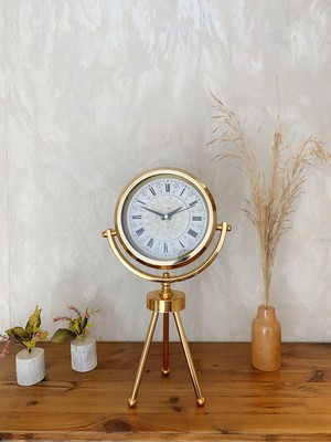 Hobilinka Gold Metal Mini Tripod Çini Desenli Roma Rakamı Masa Saati 45×26 cm