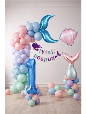 Patladı Gitti Deniz Kızı Temalı 1 Yaş Doğum Günü Balon Süsleme Seti – Pastel Renkli Parti Dekorasyon Seti