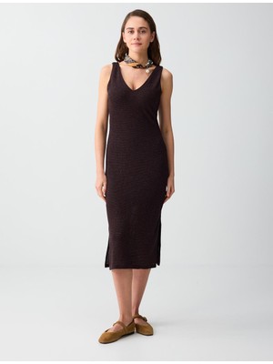 Jimmy Key Acı Kahve Dar Kesim V Yaka Kolsuz Midi Örme Elbise