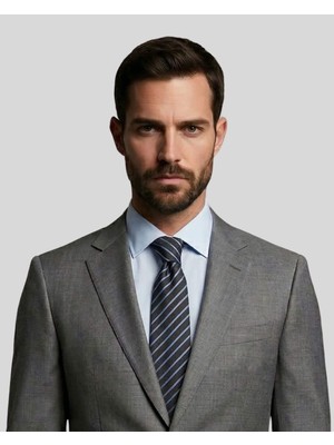 1001 Kravat Siyah Mavi Çizgili 7,5 cm Genişliğinde İpek Kravat