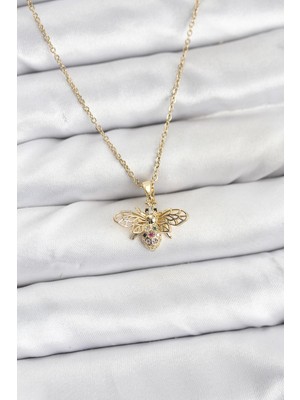 Hobilinka 316L Çelik Zincir Gold Renk Sinek Model Zirkon Taşlı Kadın Kolye - TJ-BKO10875