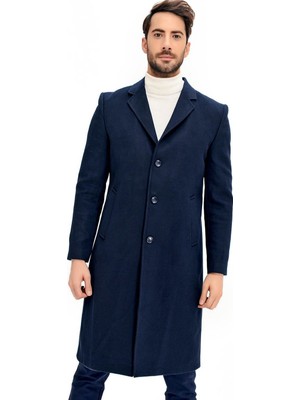 Dewberry Erkek Palto Uzun Kol Lacivert Yün Polyester Düz Desenli M Beden