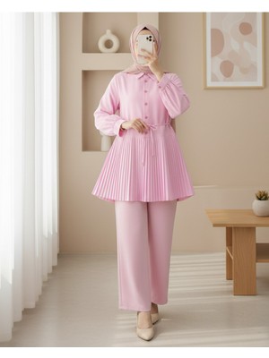 Modamorfo Yarım Düğmeli Beli Bağlamalı Piliseli Gömlek   -Pudra