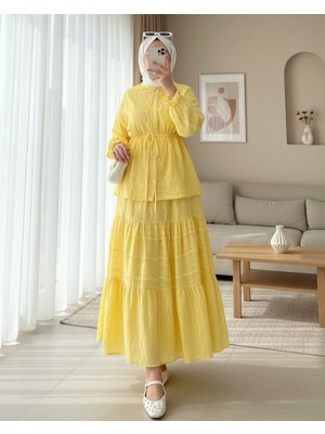 Modamorfo Önü Düğmeli Beli Bağcıklı Kolu Lastikli Etekli Dantelli Takım -Sarı