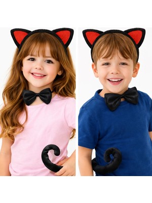 Hobilinka Kırmızı Kulaklı Kedi Kostüm Seti – Taç, Papyon, Kuyruk