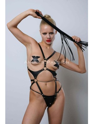 Hobilinka Kırbaçlı ve Ağ Bölgesi Açık Deri Body Harness, Deri Fantezi Giyim, Clubwear - 1355