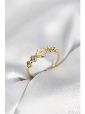 Hobilinka Gold Renk Minimal Yonca ve Zirkon Taşlı Kadın Yüzük