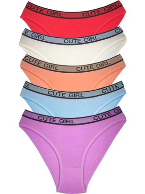 Hobilinka 5 Adet Beli Yazılı Pamuklu Kalın Lastik Kadın Slip Külot