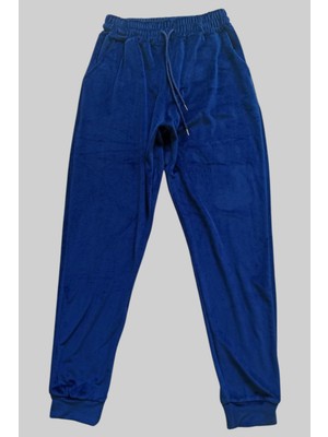 Hobilinka Parlak Kadife Cepli Pantolon Eşofman Pijama Altı Unisex Lastikli Paça Lacivert