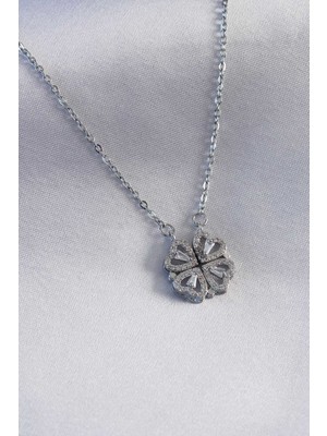 Hobilinka 316L Çelik Gümüş Renk Açılır Yonca Model Kadın Kolye