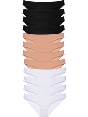 Hobilinka 12 Adet Süper Eko Set Likralı Kadın Slip Külot Siyah Ten Beyaz