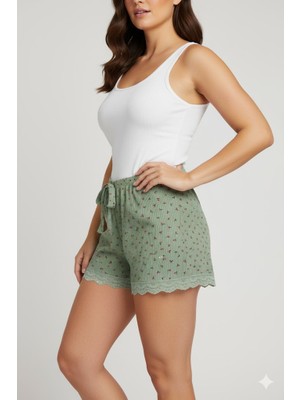 Hobilinka Düz Renk Mini Çiçek Desenli Penye Kadın Ev Şortu Bacak Dantel Detaylı Ev Giyim Yeşil