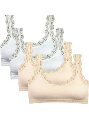 Hobilinka 4 Adet Dantel Nakış Işlemeli Pedli Bambu Kadın Büstiyer Beyaz Krem