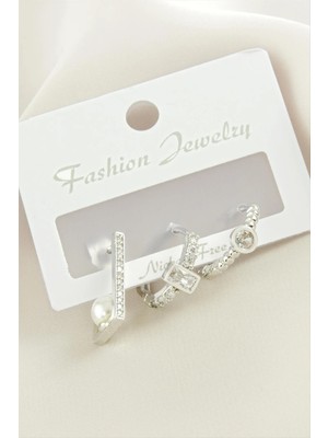 Hobilinka 3 Adet Dikdörtgen Inci Zirkon Taşlı Küpe