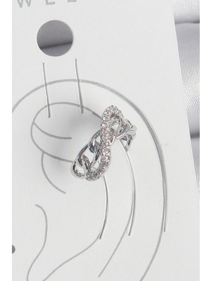 Hobilinka Pirinç Gümüş Renk Zirkon Taşlı Zincir Sonsuzluk Model Kadın Kıkırdak Küpe