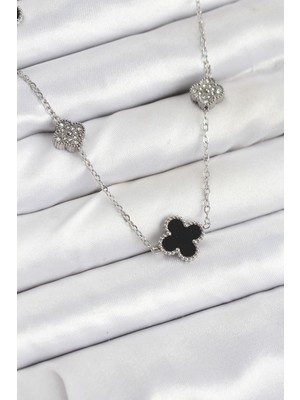 Hobilinka 316L Çelik Zincir Gümüş Renk Siyah ve Zirkon Taşlı Yonca Kadın Kolye