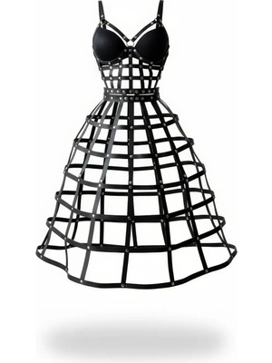 Hobilinka Siyah Kadın Etek Deri Kafes Yapılı Zımba Detaylı Etek - BRF1013