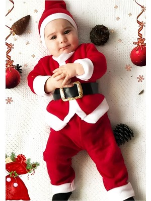 Hobilinka Erkek Çocuk Noel Baba Yılbaşı Kostümü Şapkalı Kemerli Bebek Kostümü