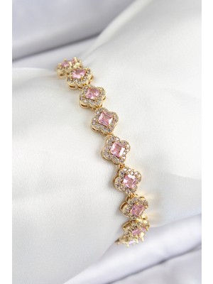 Hobilinka Pirinç Zirkon Taşlı Pembe Yonca Baget Model Gold Renk Vıp Seri Kadın Bileklik