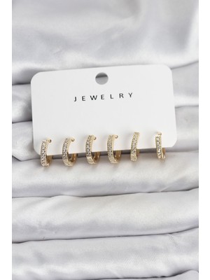 Hobilinka Gold Renk Pirinç Zirkon Taşlı Halka Kadın Küpe Seti