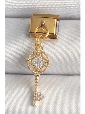 Hobilinka 316L Çelik Gold Renk Sallantı Zirkon Taşlı Anahtar Model Nomination Charm