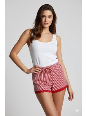 Hobilinka Çizgili Penye Kadın Ev Şortu Bacak Dantel Detaylı Ev Giyim Kırmızı
