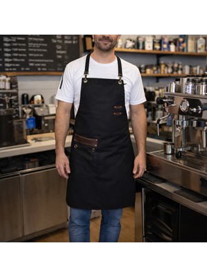 Barista  mutfak önlüğü  deri detaylı cepli cafe restaurant pastane kasap kuaför