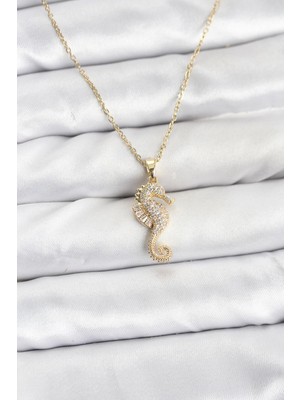 Hobilinka 316L Çelik Zincir Gold Renk Deniz Atı Model Zirkon Taşlı Kadın Kolye