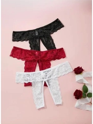 Hobilinka Fantezi Kadın 3'lü Özel Bölgeleri Açık Dantelli Tanga Seti