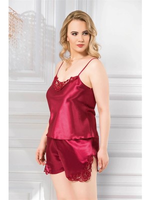 Hobilinka  Büyük Beden Bordo Saten Babydoll Şort Takımı