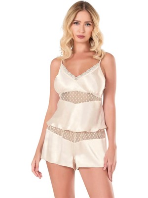 Hobilinka  Fildişi Saten Babydoll Şort Takımı