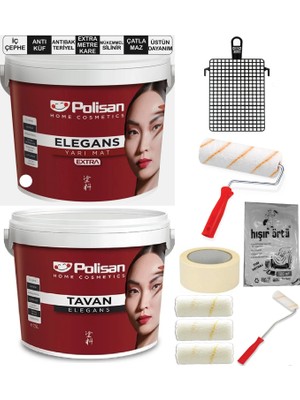 10 Parça Polisan Boya Seti 3,5kg / 2,5lt Elegans Extra Iç Cephe Duvar Boyası Antiküf Antibakteriyel + 3,5kg Elegans Tavan Boyası Anti Küf Anti Bakteriyel Set