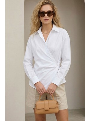 Lupinn Kadın Beyaz Kruvaze Yaka Classic Regular Fit Uzun Kollu Düğmeli Dokuma Rahat Kesim Kadın Gömlek Bluz